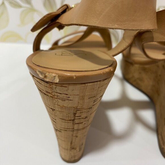 Franco Sarto Wedge Sandals With Straps & Cork Heel - Size 8 - Tan Leather Upper - Picture 6 of 12